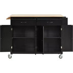 PexFix Desserte de cuisine îlot de 137,9 cm avec plateau en bois massif et roues verrouillables, placard à 4 portes et deux tiroirs, support à épices et porte-serviettes, noir