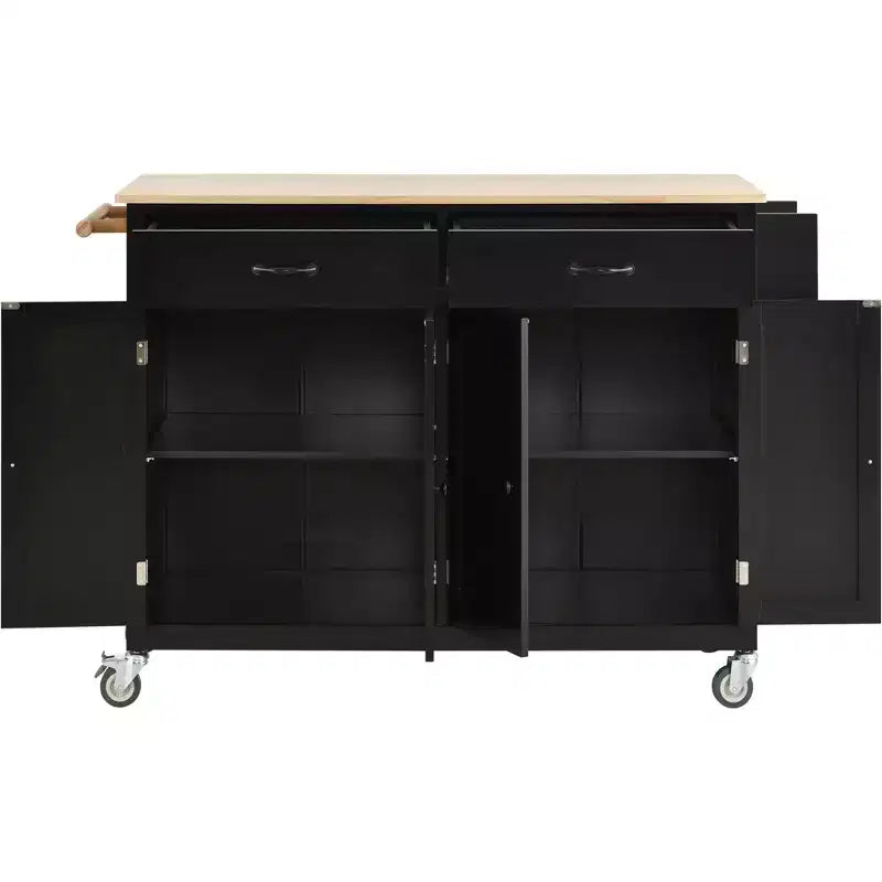PexFix Desserte de cuisine îlot de 137,9 cm avec plateau en bois massif et roues verrouillables, placard à 4 portes et deux tiroirs, support à épices et porte-serviettes, noir
