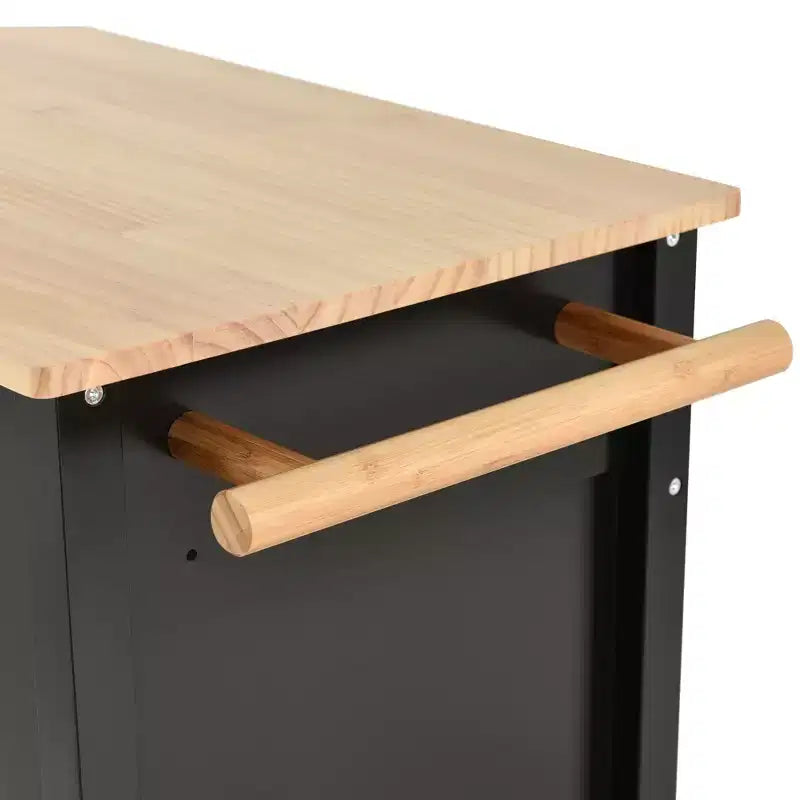 PexFix Desserte de cuisine îlot de 137,9 cm avec plateau en bois massif et roues verrouillables, placard à 4 portes et deux tiroirs, support à épices et porte-serviettes, noir