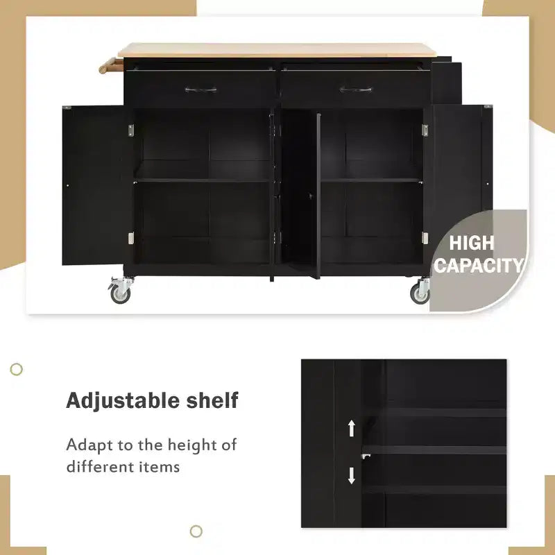 PexFix Desserte de cuisine îlot de 137,9 cm avec plateau en bois massif et roues verrouillables, placard à 4 portes et deux tiroirs, support à épices et porte-serviettes, noir