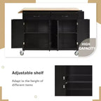 PexFix Desserte de cuisine îlot de 137,9 cm avec plateau en bois massif et roues verrouillables, placard à 4 portes et deux tiroirs, support à épices et porte-serviettes, noir