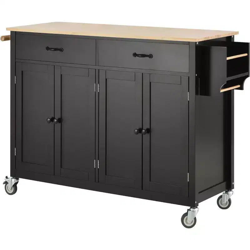 PexFix Desserte de cuisine îlot de 137,9 cm avec plateau en bois massif et roues verrouillables, placard à 4 portes et deux tiroirs, support à épices et porte-serviettes, noir