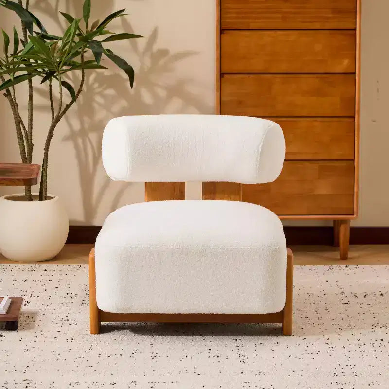 Fauteuil d'appoint moderne sans accoudoirs Okak Boucle avec dossier roulé, fauteuil de lecture en bois massif pour salon, chambre à coucher