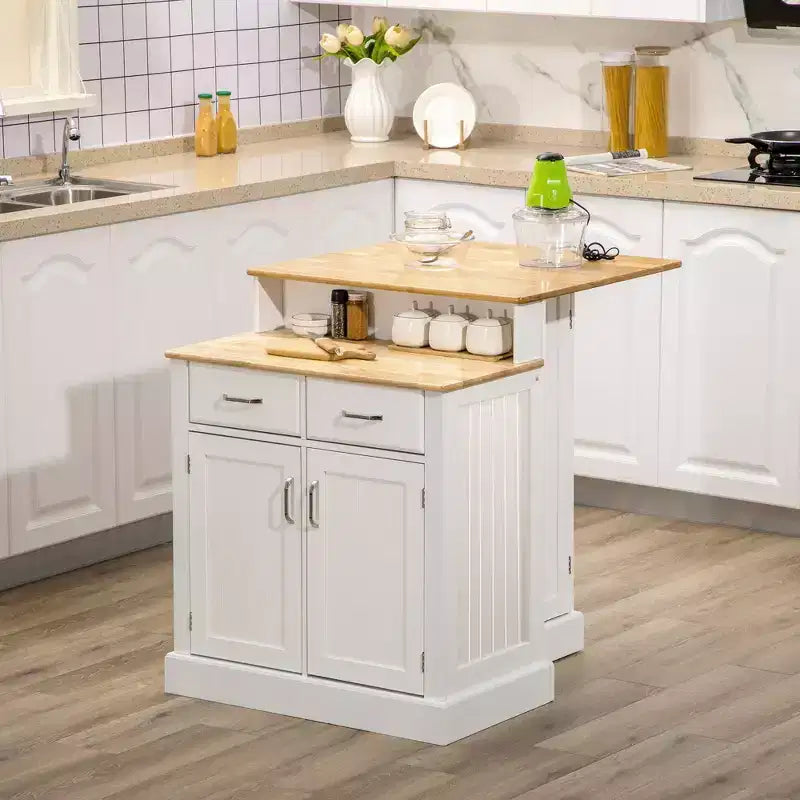 GDFStudio Callie Two-Tier Kitchen Island Table with Rubber Wood Top, Storage Cabinets and Pull-Out Drawers