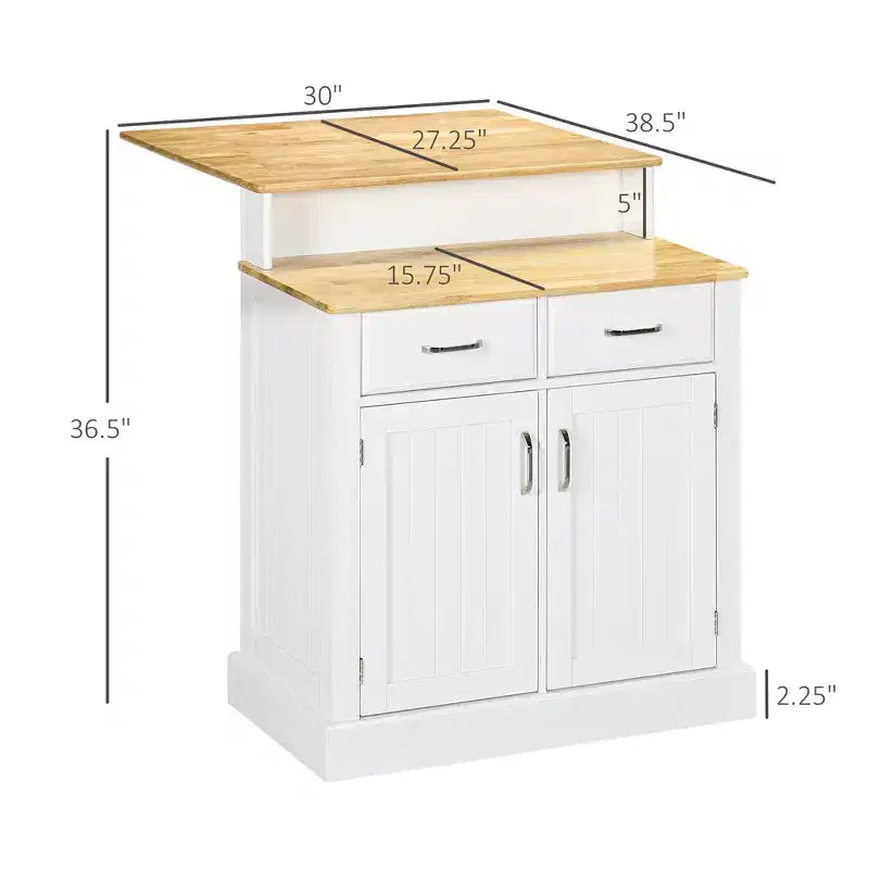 Table d'îlot de cuisine à deux niveaux GDFStudio Callie avec plateau en bois d'hévéa, placards de rangement et tiroirs coulissants