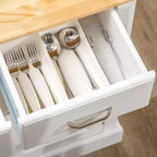 Table d'îlot de cuisine à deux niveaux GDFStudio Callie avec plateau en bois d'hévéa, placards de rangement et tiroirs coulissants