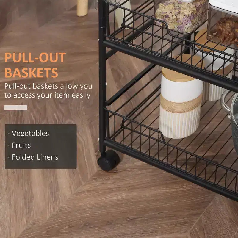 Chariot de cuisine à 3 niveaux avec rangement, îlot de cuisine roulant avec 2 paniers de fruits coulissants et crochets latéraux pour salle à manger