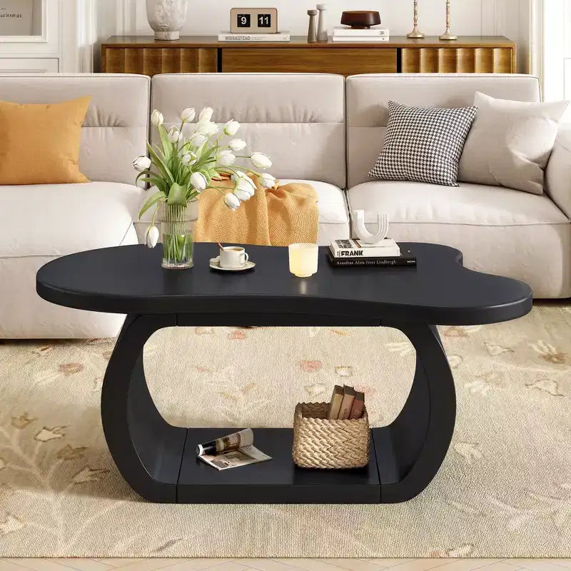 Table Basse Nuage en Bois, Table d'Appoint Crème Irrégulière avec Pieds Courbés, Petite Table Basse à Bord Arrondi pour Salon
