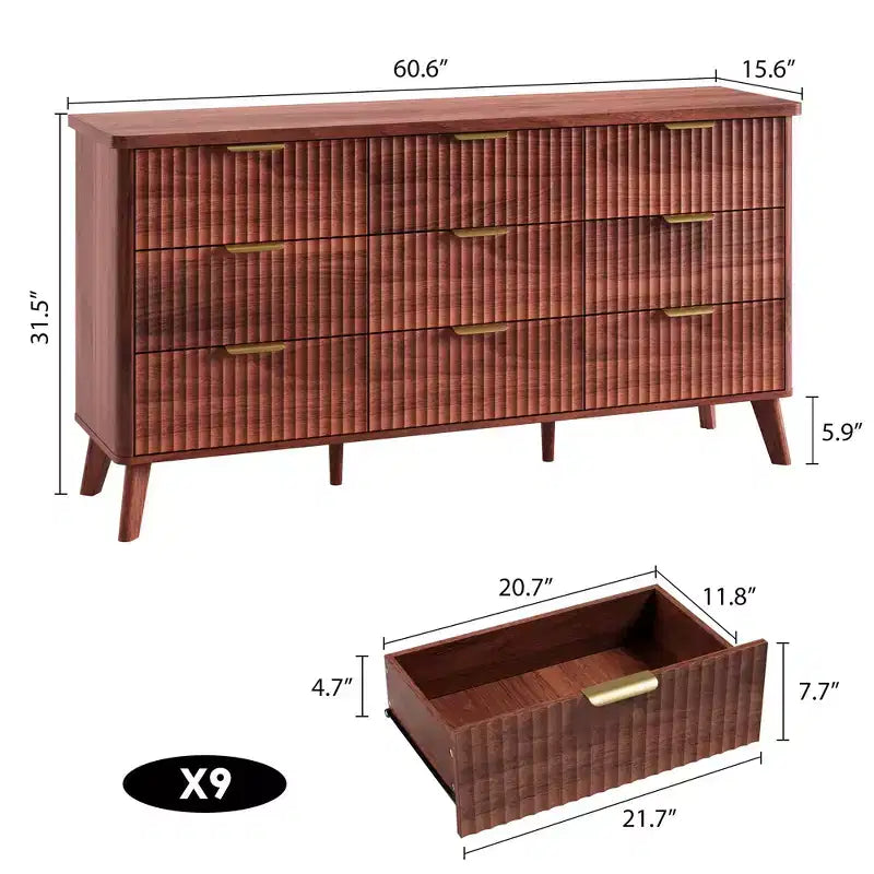Commode de chambre à 9 tiroirs, chiffonnier de 154 cm de large avec poignées dorées, commode cannelée Meuble TV, organisateur de rangement de vêtements pour salon