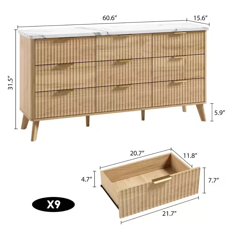 Commode de chambre à 9 tiroirs, chiffonnier de 154 cm de large avec poignées dorées, commode cannelée Meuble TV, organisateur de rangement de vêtements pour salon