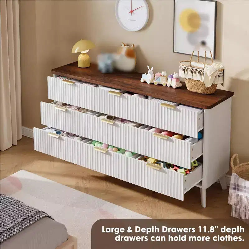 Commode de chambre à 9 tiroirs, chiffonnier de 154 cm de large avec poignées dorées, commode cannelée Meuble TV, organisateur de rangement de vêtements pour salon