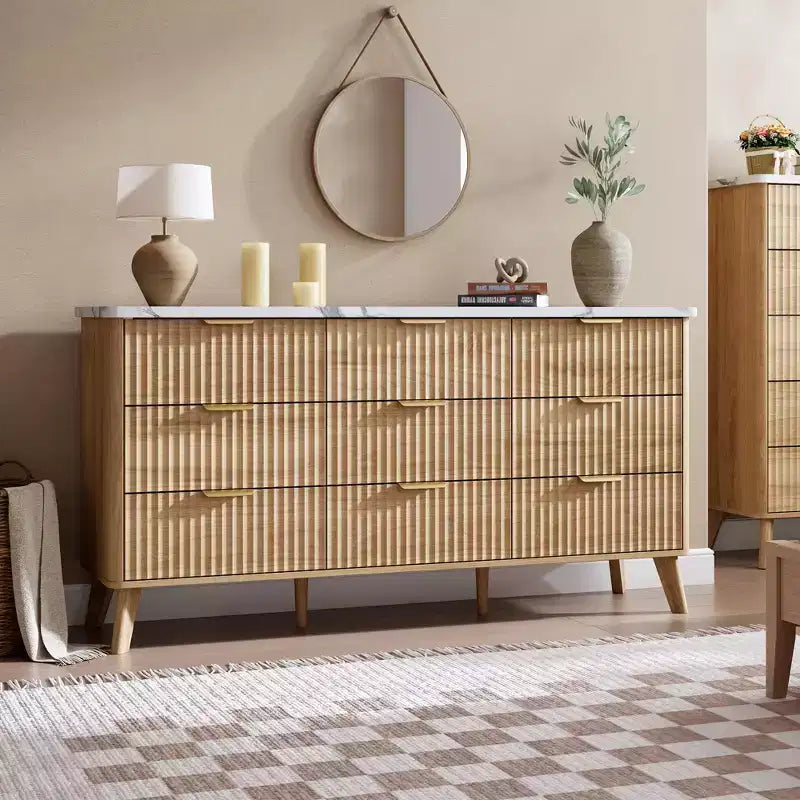 Commode de chambre à 9 tiroirs, chiffonnier de 154 cm de large avec poignées dorées, commode cannelée Meuble TV, organisateur de rangement de vêtements pour salon