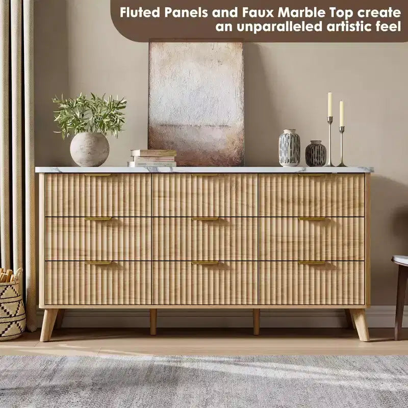 Commode de chambre à 9 tiroirs, chiffonnier de 154 cm de large avec poignées dorées, commode cannelée Meuble TV, organisateur de rangement de vêtements pour salon