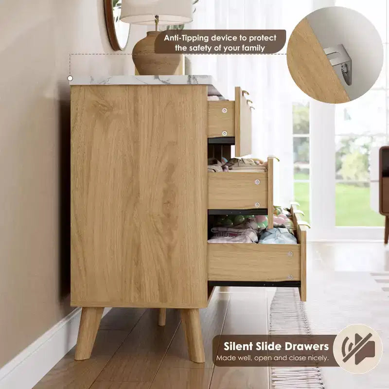 Commode de chambre à 9 tiroirs, chiffonnier de 154 cm de large avec poignées dorées, commode cannelée Meuble TV, organisateur de rangement de vêtements pour salon