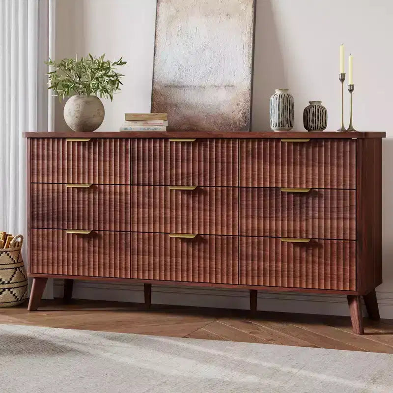 Commode de chambre à 9 tiroirs, chiffonnier de 154 cm de large avec poignées dorées, commode cannelée Meuble TV, organisateur de rangement de vêtements pour salon