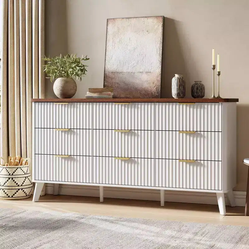 Commode de chambre à 9 tiroirs, chiffonnier de 154 cm de large avec poignées dorées, commode cannelée Meuble TV, organisateur de rangement de vêtements pour salon