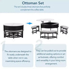 Table basse relevable ronde avec poufs et rangement, ensemble de tables basses dorées avec tabourets dissimulés pour le salon
