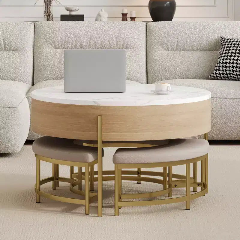 Table basse relevable ronde avec poufs et rangement, ensemble de tables basses dorées avec tabourets dissimulés pour le salon