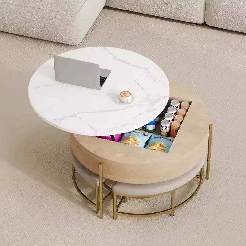 Table basse relevable ronde avec poufs et rangement, ensemble de tables basses dorées avec tabourets dissimulés pour le salon