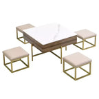 Table basse carrée relevable avec poufs et rangement, ensemble de table basse dorée avec tabourets intégrés pour salon, blanc et noyer
