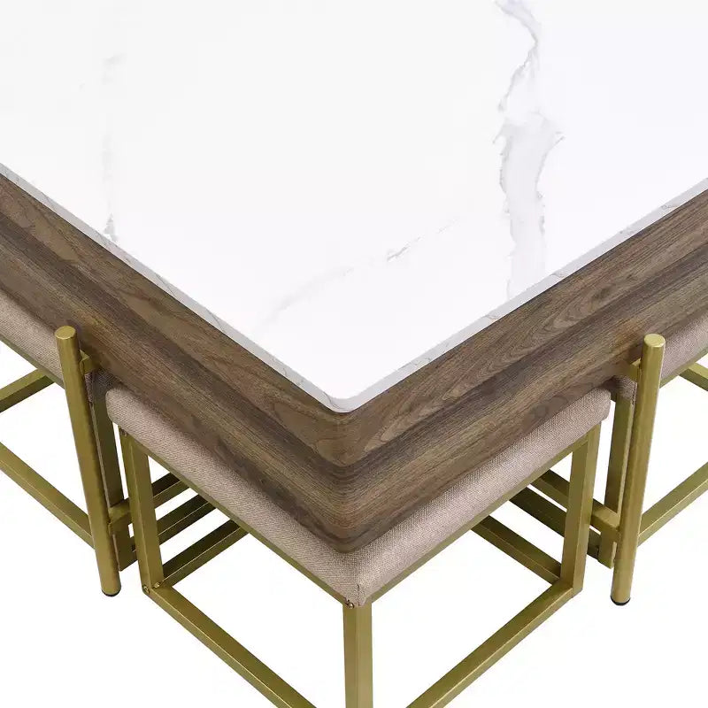 Table basse carrée relevable avec poufs et rangement, ensemble de table basse dorée avec tabourets intégrés pour salon, blanc et noyer