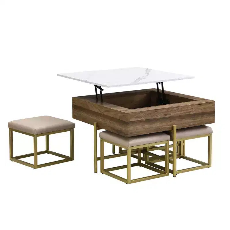 Table basse carrée relevable avec poufs et rangement, ensemble de table basse dorée avec tabourets intégrés pour salon, blanc et noyer