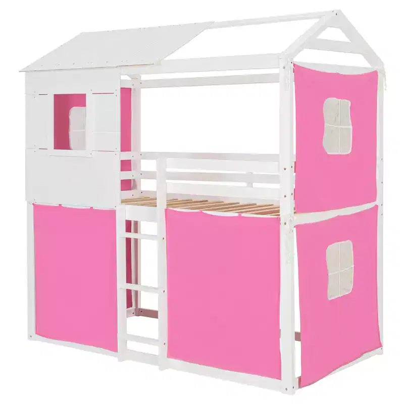 Lit superposé cabane en bois, format jumeau/double, avec tente, design amusant de maisonnette pour enfants - ModernLuxe