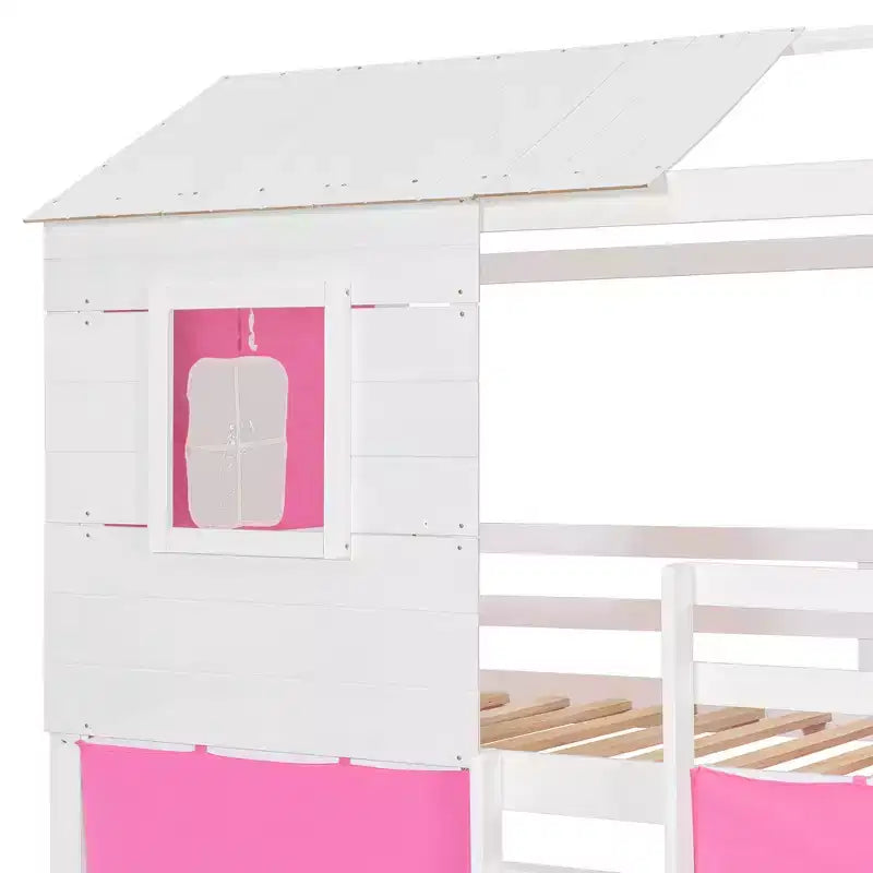 Lit superposé cabane en bois, format jumeau/double, avec tente, design amusant de maisonnette pour enfants - ModernLuxe