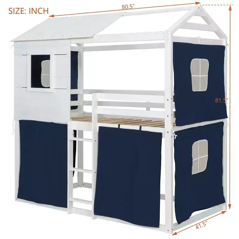 Lit superposé cabane en bois, format jumeau/double, avec tente, design amusant de maisonnette pour enfants - ModernLuxe