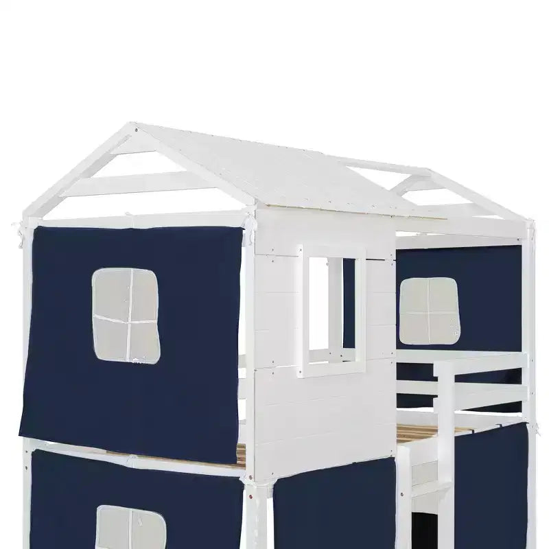 Lit superposé cabane en bois, format jumeau/double, avec tente, design amusant de maisonnette pour enfants - ModernLuxe