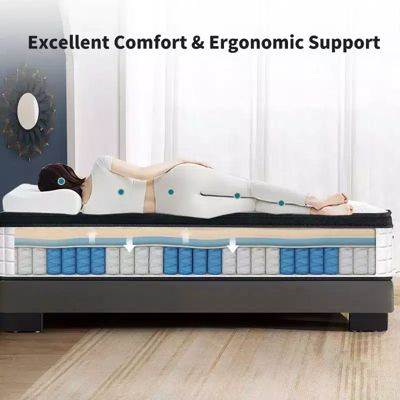 Matelas hybride Whisen 12 places avec mousse à mémoire de forme 7 zones, ressorts ensachés individuels, housse tricotée
