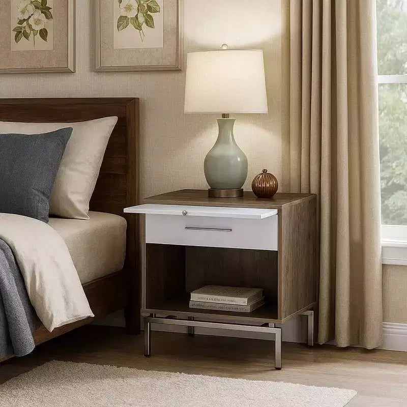 Table d'appoint Royal Hampton avec espace de rangement ouvert et plateau coulissant, marron et blanc