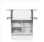 Table de bar Royal Hampton avec plateau aspect marbre et finition chromée, blanc et argent