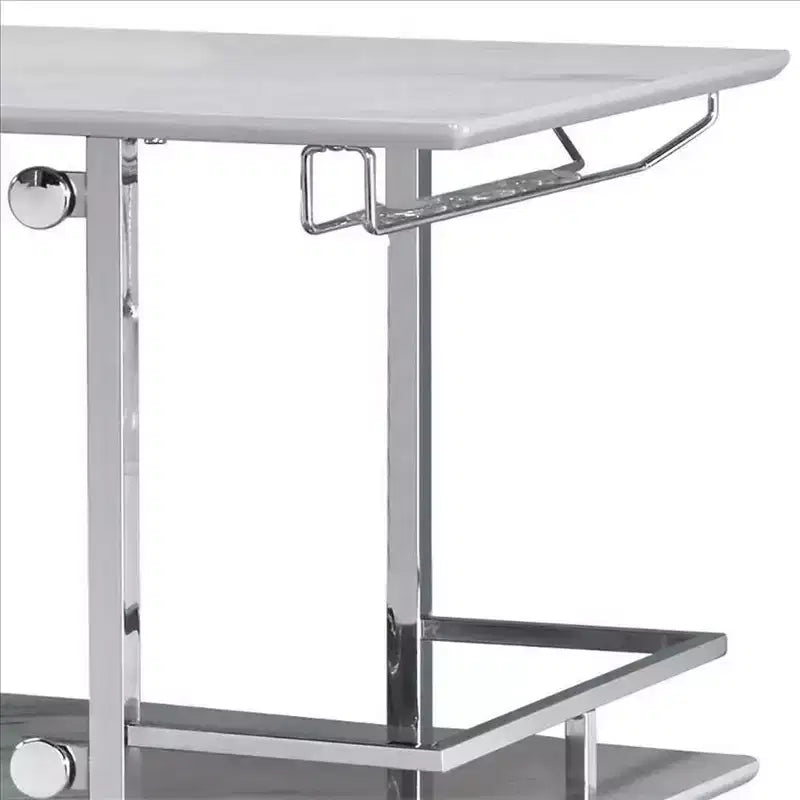 Table de bar Royal Hampton avec plateau aspect marbre et finition chromée, blanc et argent