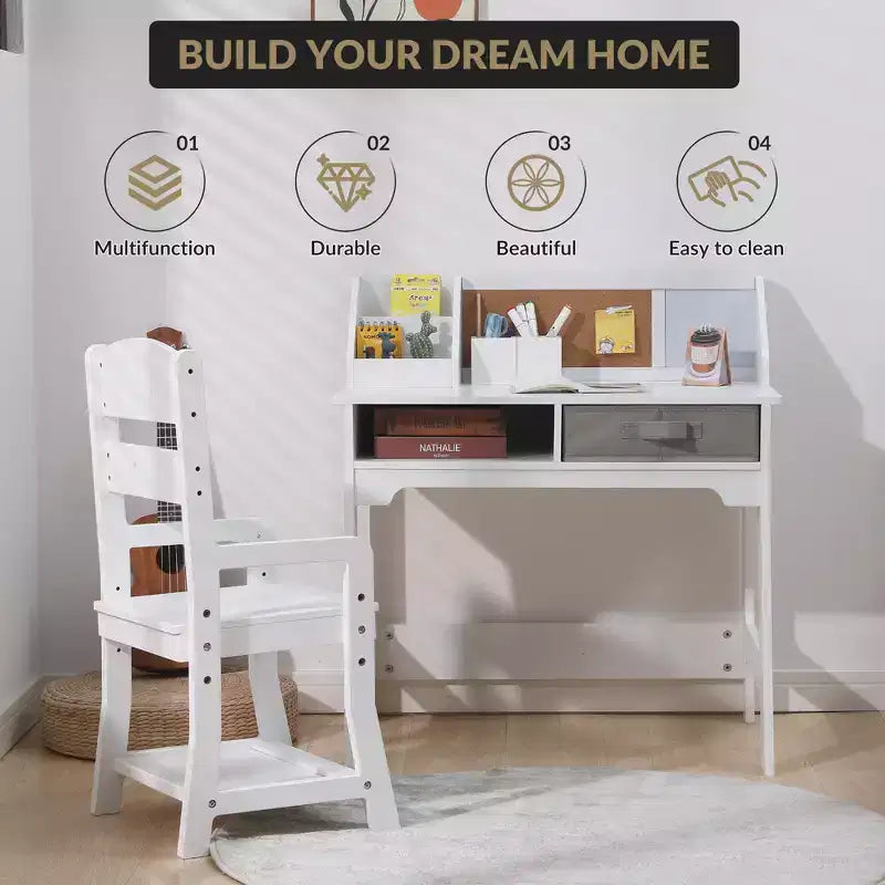 Ensemble bureau et chaise d'étude pour enfants avec bibliothèque et deux porte-crayons, convient aux bureaux d'écoliers et aux tables d'étude pour étudiants