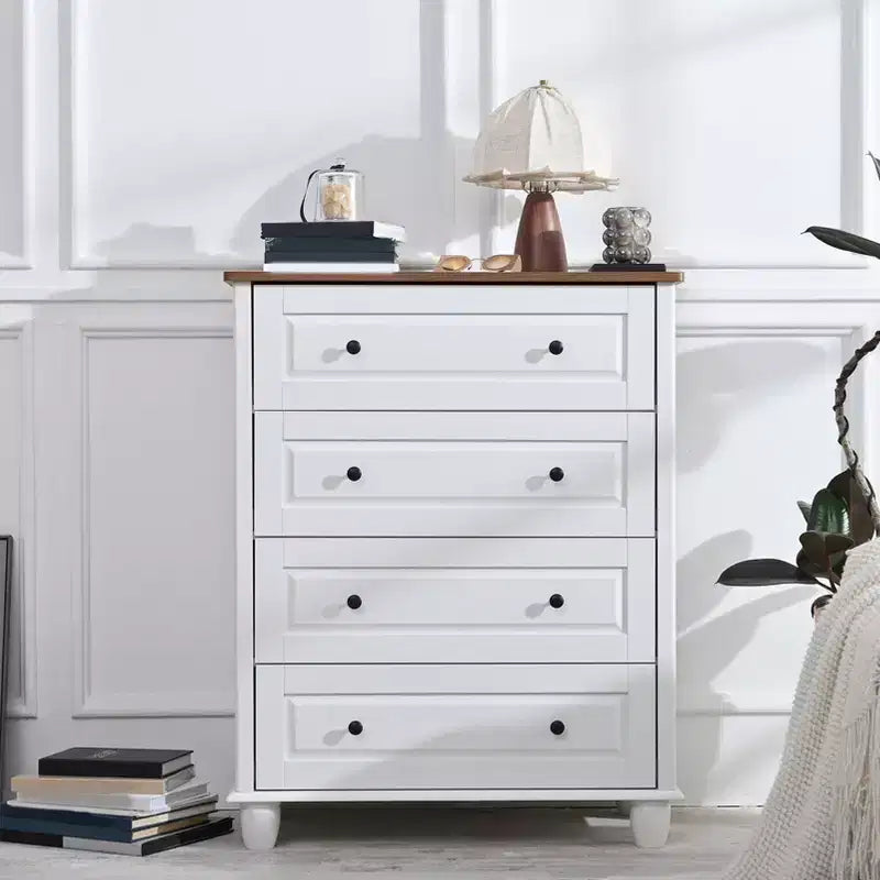 Commode de rangement blanche, 4 tiroirs avec poignées brossées