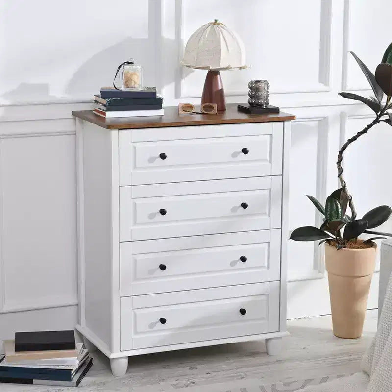 Commode de rangement blanche, 4 tiroirs avec poignées brossées