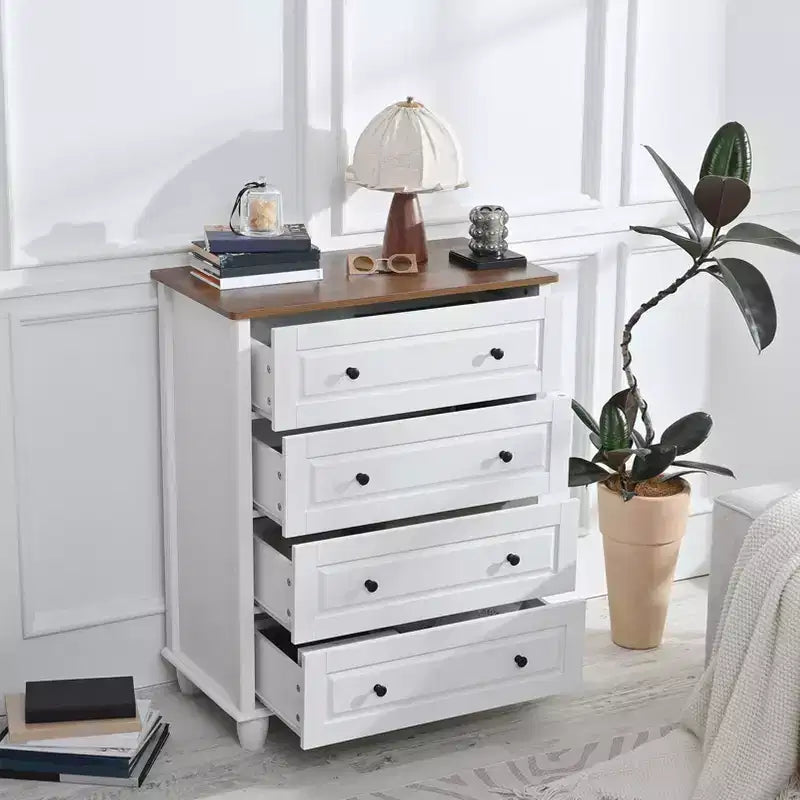 Commode de rangement blanche, 4 tiroirs avec poignées brossées