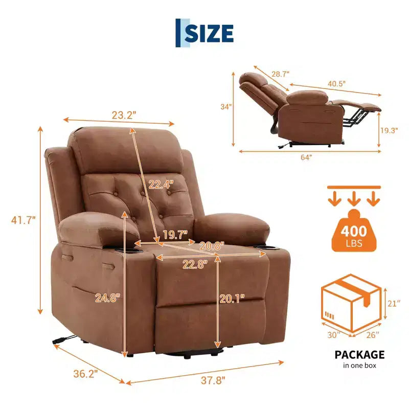 Fauteuil inclinable électrique releveur pour personnes âgées avec chauffage lombaire, fauteuil releveur électrique surdimensionné en cuir PU avec poches latérales et deux porte-gobelets