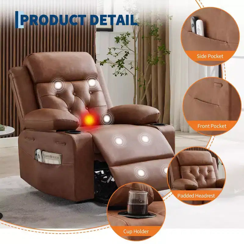 Fauteuil inclinable électrique releveur pour personnes âgées avec chauffage lombaire, fauteuil releveur électrique surdimensionné en cuir PU avec poches latérales et deux porte-gobelets