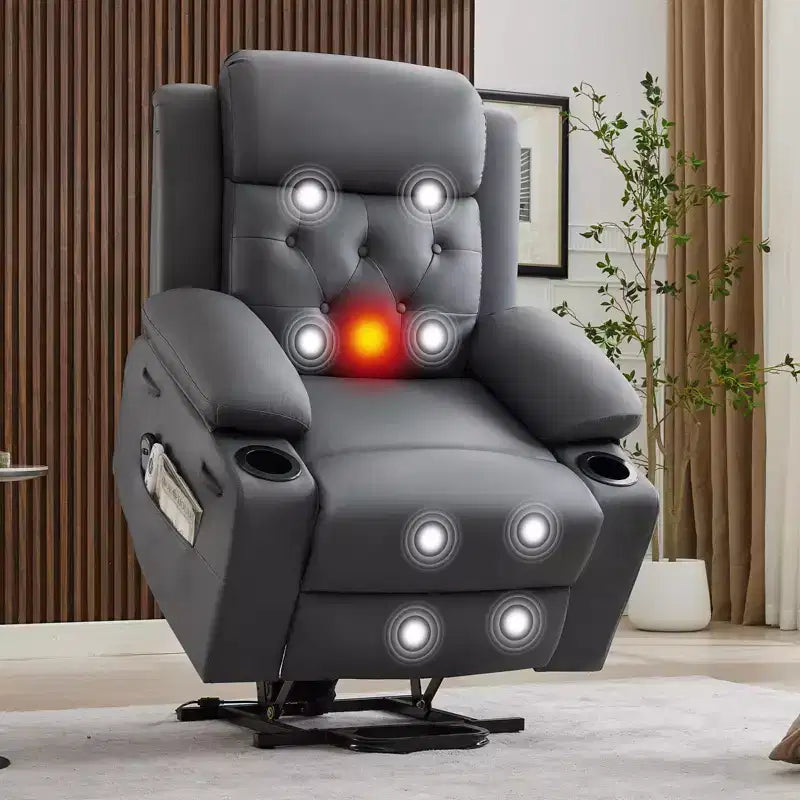 Fauteuil inclinable électrique releveur pour personnes âgées avec chauffage lombaire, fauteuil releveur électrique surdimensionné en cuir PU avec poches latérales et deux porte-gobelets