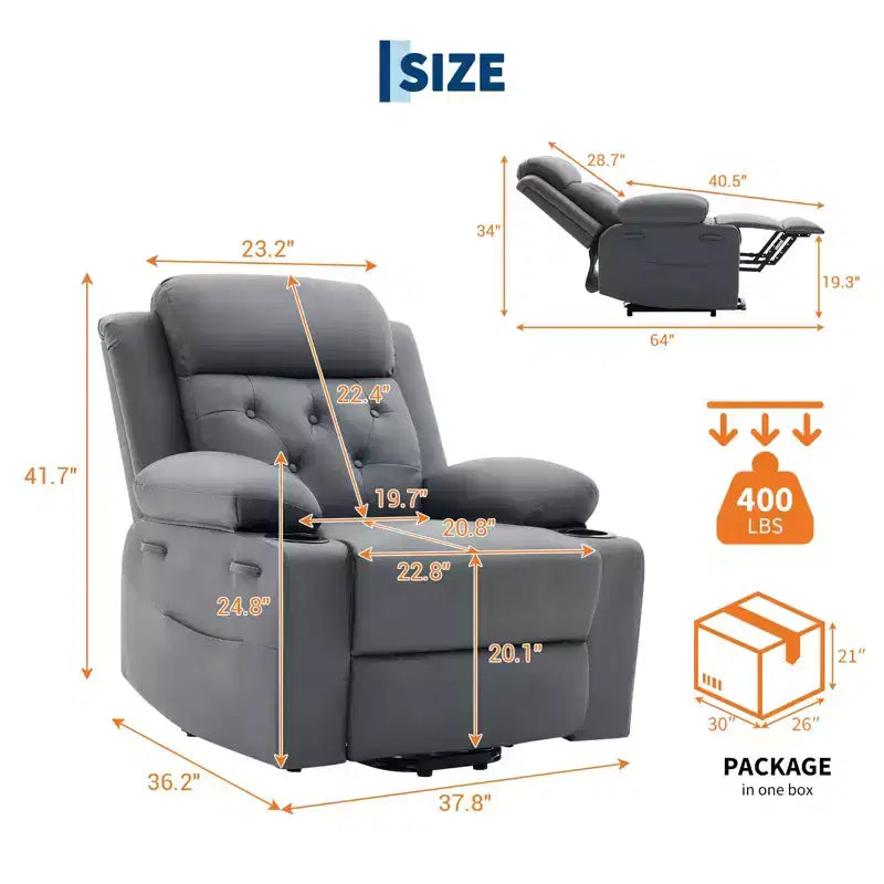 Fauteuil inclinable électrique releveur pour personnes âgées avec chauffage lombaire, fauteuil releveur électrique surdimensionné en cuir PU avec poches latérales et deux porte-gobelets