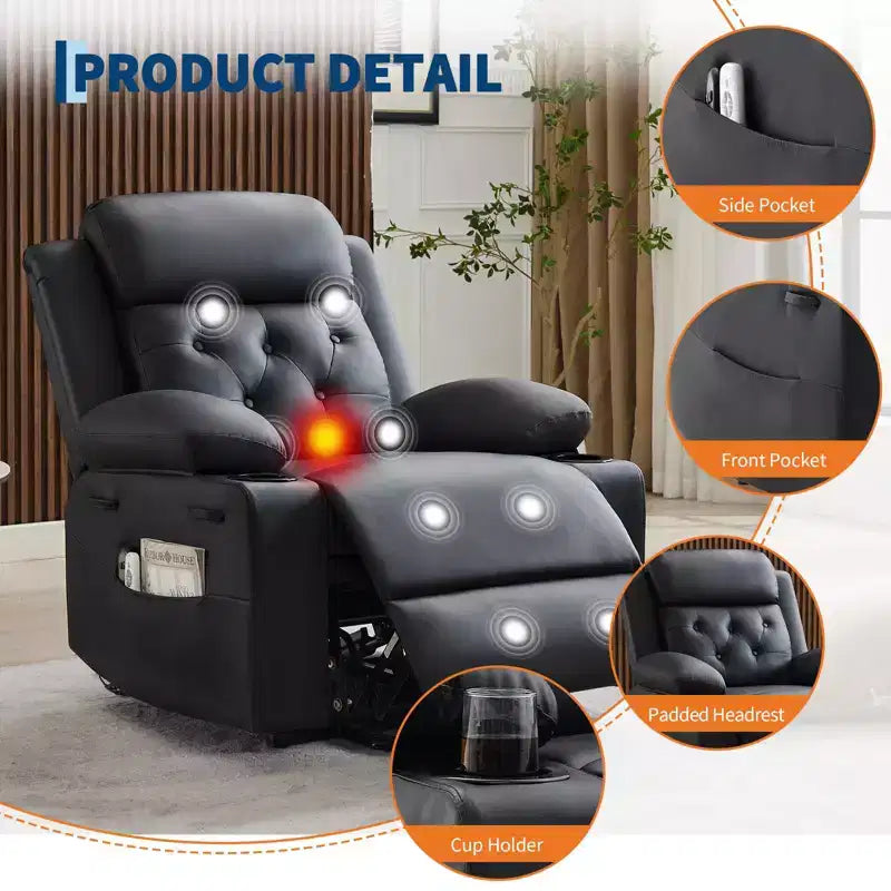 Fauteuil inclinable électrique releveur pour personnes âgées avec chauffage lombaire, fauteuil releveur électrique surdimensionné en cuir PU avec poches latérales et deux porte-gobelets