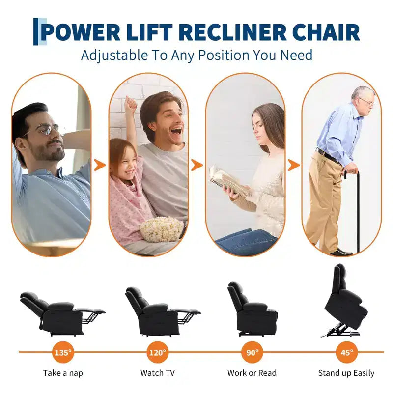 Fauteuil inclinable électrique releveur pour personnes âgées avec chauffage lombaire, fauteuil releveur électrique surdimensionné en cuir PU avec poches latérales et deux porte-gobelets