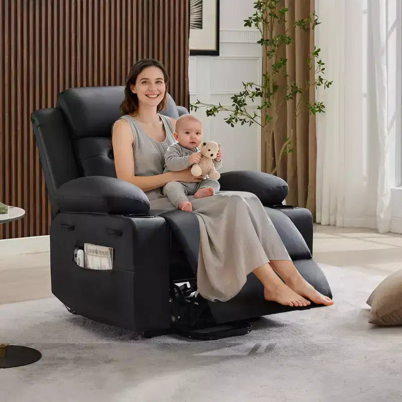 Fauteuil inclinable électrique releveur pour personnes âgées avec chauffage lombaire, fauteuil releveur électrique surdimensionné en cuir PU avec poches latérales et deux porte-gobelets