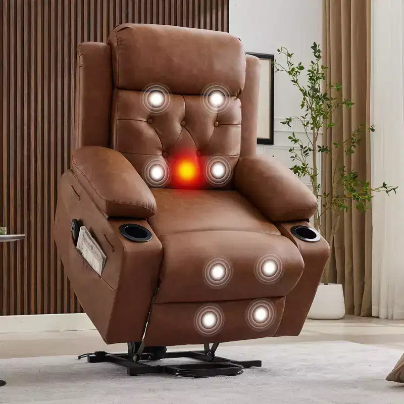 Fauteuil inclinable électrique releveur pour personnes âgées avec chauffage lombaire, fauteuil releveur électrique surdimensionné en cuir PU avec poches latérales et deux porte-gobelets