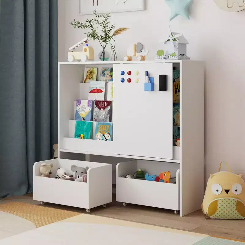 Famapy Étagère de Rangement Blanche pour Enfants Meuble de Rangement Jouets Porte Coulissante + Bacs Roulants + Étagères Multi-Niveaux