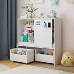 Famapy Étagère de Rangement Blanche pour Enfants Meuble de Rangement Jouets Porte Coulissante + Bacs Roulants + Étagères Multi-Niveaux
