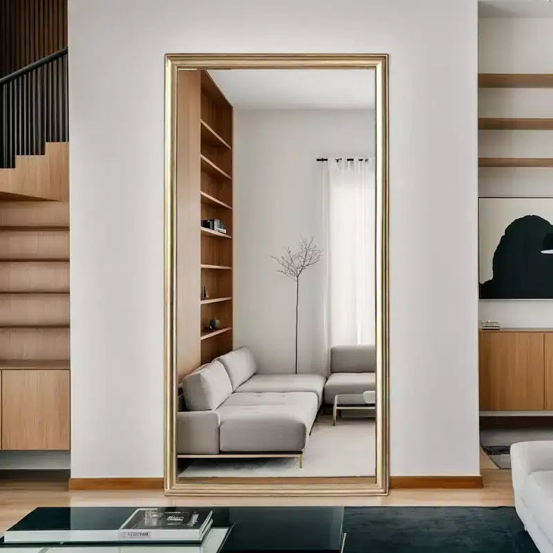 Miroir pleine longueur de 32 x 70 pouces avec cadre en bois artificiel cuivré, avec support, pour chambre et salon