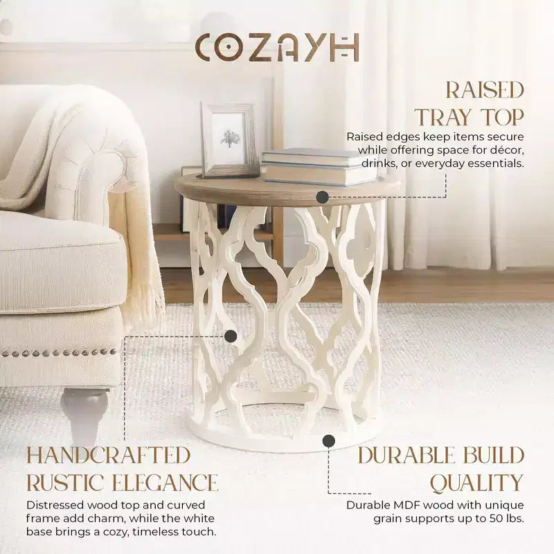 COZAYH Tables d'appoint rustiques rondes avec plateau en bois et base incurvée, ensemble de 2